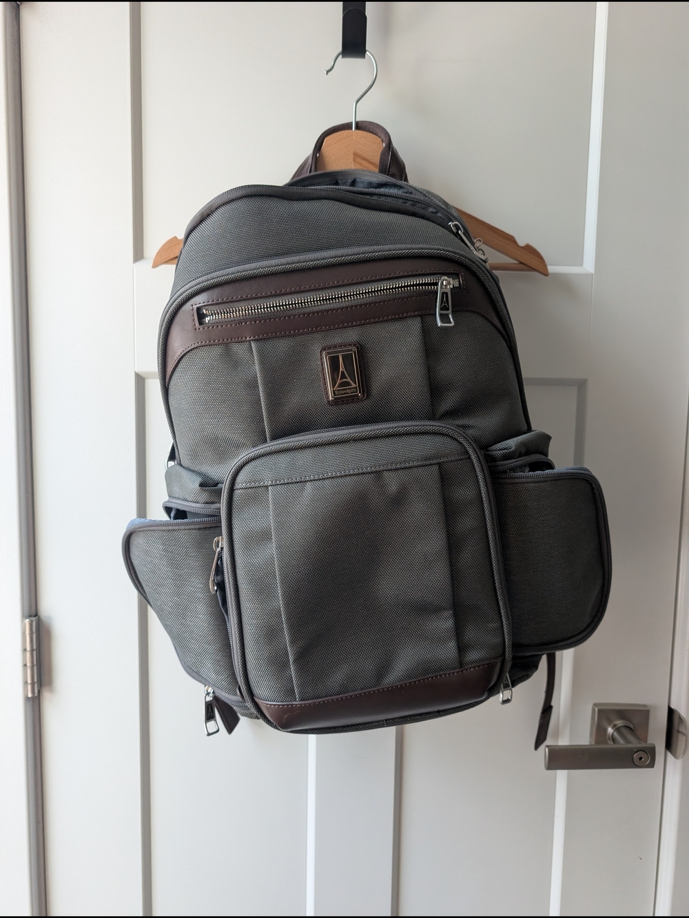 NWOT Travelpro Grey Backpack with Brown Trim